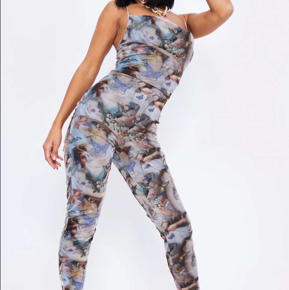 Pretty Little Thing|Stone butterfly Renaissance print|cowl neck|mesh jumpsuit